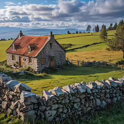 a small stone house next to a large field