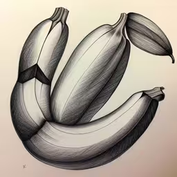 a drawing of a bunch of ripe bananas,there are bananas in a drawing that looks like it could be done,a black and white photo of three bananas,a black and white image of two bananas in a circle,this drawing shows some very realistic bananas