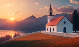 a small church on top of a hill overlooking water
