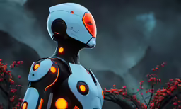 a robot with orange eyes standing in front of trees