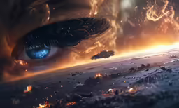 an eye with bright blue eyes surrounded by small clouds