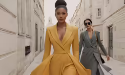two woman in yellow suits and black sunglasses walk down the street