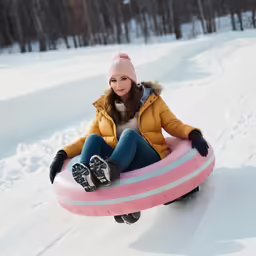 a woman in winter gear is tubling down a snowy road
