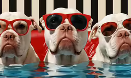 three dogs are wearing red sunglasses in the water