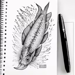 a pen drawing of a fish and water droplets