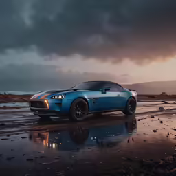 a very nice looking sport car on a wet beach