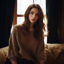 a woman is sitting on a brown couch