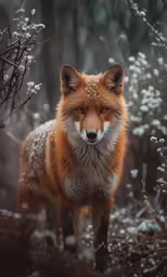 a red fox stares into the camera in front of a blurry tree