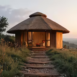 a hut sitting on top of a hill next to some tall grass