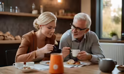 an elderly couple having coffee and croissants