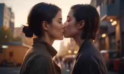 two young women kissing each other while standing in the street