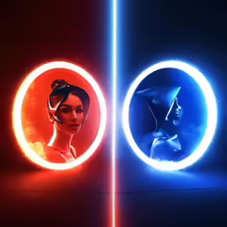 two futuristic faces, one of which is wearing a helmet and the other is looking down