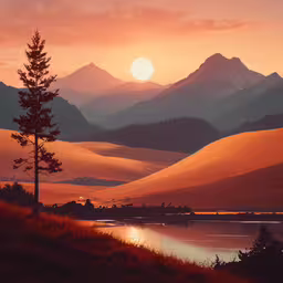 the sun sets over the mountains in an orange sunset,the setting sun and mountains reflect off the water of a small lake