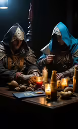 two people in medieval costumes sit next to each other