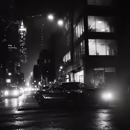 some cars stopped in traffic near tall buildings