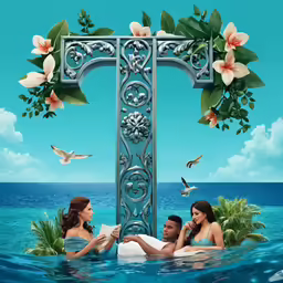 two girls are in the ocean on a sunny day