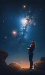 a woman standing in front of stars gazing up the sky