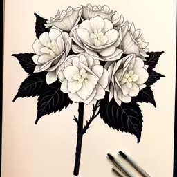 flowers painted on paper with two markers,a drawing of some white flowers with leaves