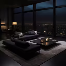 a living room with some very large windows