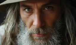 an elderly man wearing long white hair and wearing a hat