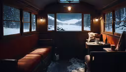 a small train cabin with benches and windows in the room,a small living room with some red couches