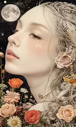 a portrait with a flowered head and body surrounded by flowers