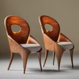 two wooden chairs with white cushions in a grey background