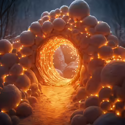 a tunnel of light that has several balls all around it