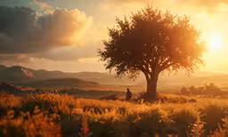a person is standing near a tree on a mountain