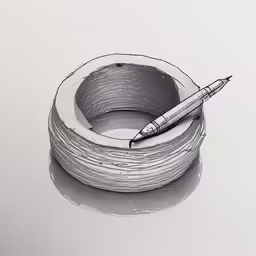 this drawing shows a pen sticking out of a pile of old wire
