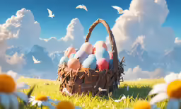 an easter egg laying in a basket with small colorful eggs