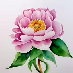 this painting has pink flowers on the water,a painting of a large pink flower with green leaves