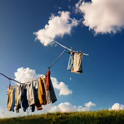 clothes hanging on a clothes line over the grass