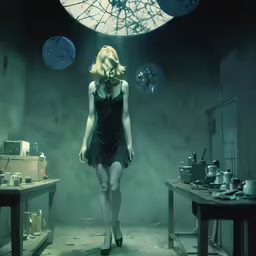 the woman is walking down the runway in the dark