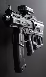 an automatic rifle is hanging on the wall