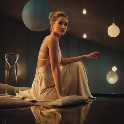a woman in a tan dress sitting on a floor