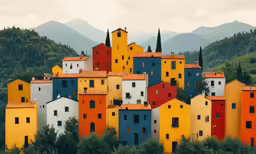 a large village with a red roof and multiple colored buildings
