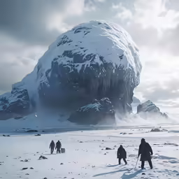 a large rock formation sits behind a group of people in the snow