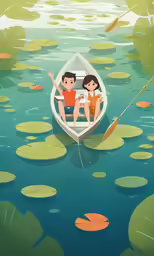 two children in a boat floating on lily pond