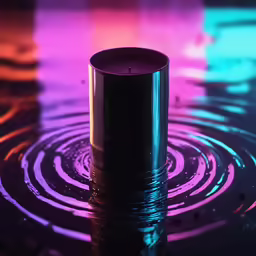 purple, green and red light reflecting on top of table