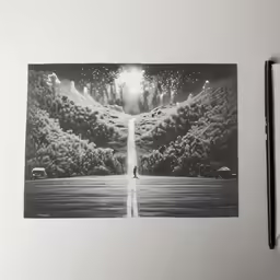 a person in a distance standing with their back to the camera and writing on a piece of paper