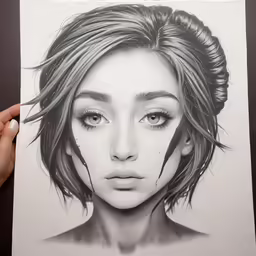 a person holding up a piece of paper with the drawing of a woman