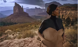 a woman standing in front of a mountain with the hood pulled back