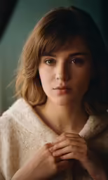a woman holding her hands together to her chest