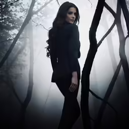 a beautiful woman standing by a tree and fog