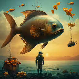 a man in a diving suit looks at a fish,there is a person standing in front of a giant fish