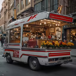 a food truck parked in the middle of a road