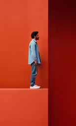 man with glasses leaning against a red wall