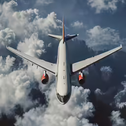 a commercial jet flies above the clouds in the blue sky
