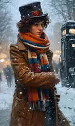 the woman is wearing a hat and scarf outside